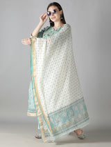 Aqua Blue Kurta With Pearl White Floral Pants And Dupatta